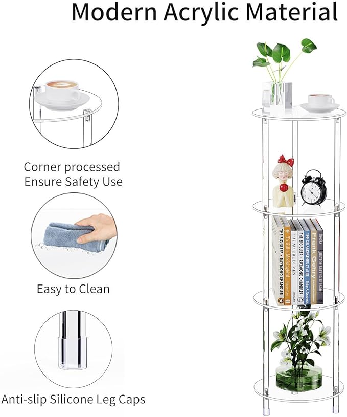 Clear Round Acrylic Side Table for Small Spaces, 11.81" L x 11.81" W x 38.7" H, 4 Tier Small Modern Drink End Table Nightstand, Minimalist Bedside Table for Living Room, Bedroom, Bathroom
