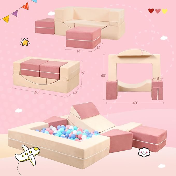 Modular Kids Play Couch, Kids Sofa Toddler Couch, Foam Play Set with Recliner, Toddler Sofa for Creative Boys & Girls, Convertible Foam Climbing Blocks