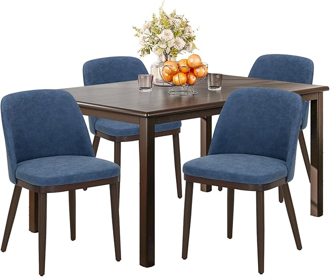 COLAMY 60 Inch Rectangular Kitchen Dining Table for 4, Modern Farmhouse Dining Table Set for 4, Wood Dining Table and Upholstered Dining Chairs for Kitchen, Dining Room, Restaurant, Brown/Blue