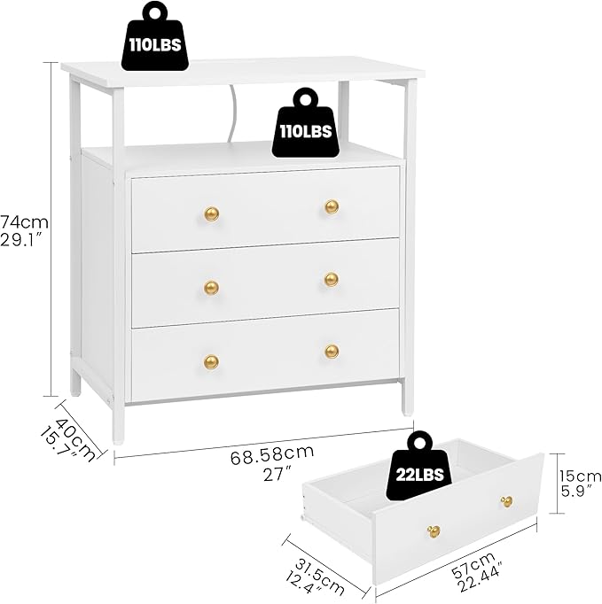 3 Wooden Drawers Night Stand, 27 Inch Wide Nightstand with Charging Station and Adjustable Drawers, Bedside Table for Living Room/Bedroom/Office, White.