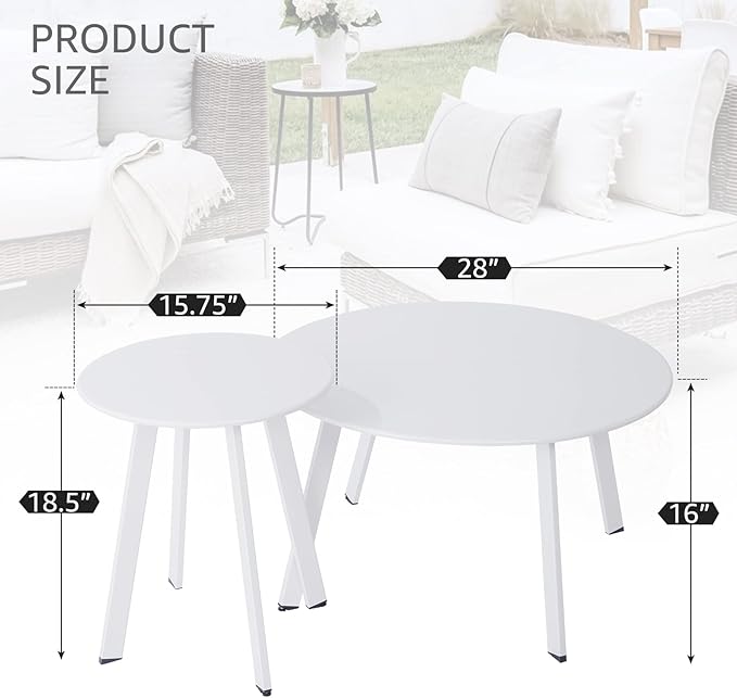 Patio Coffee Table Set of 2, Outdoor Weather Resistant End Table, Round Nesting Tables for Living Room Balcony Office, White