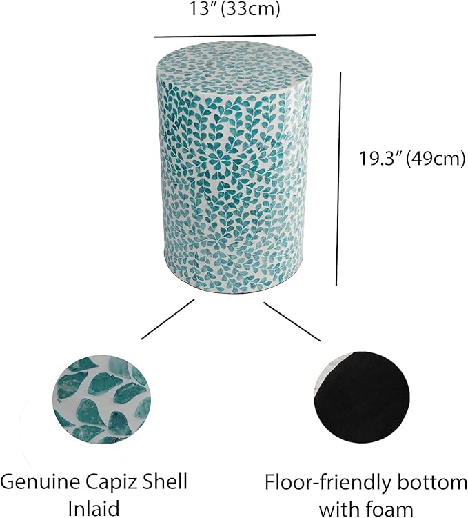 PEMAR Mother of Pearl Inlaid Cylinder Drum End Table Nacre Capiz Shell Side Table Stool Round Coffee Bedside Accent Nightstand and Vanity Stool (Teal Floral)