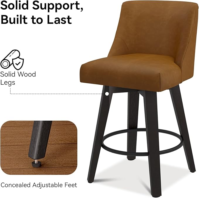 Counter Height Swivel Bar Stools Set of 4, 26 Inch Bar Stools with Footrest, Faux Leather Upholstered Barstools with Back and Solid Wood Legs for Kitchen Island, Dining Room,Pub,Brown