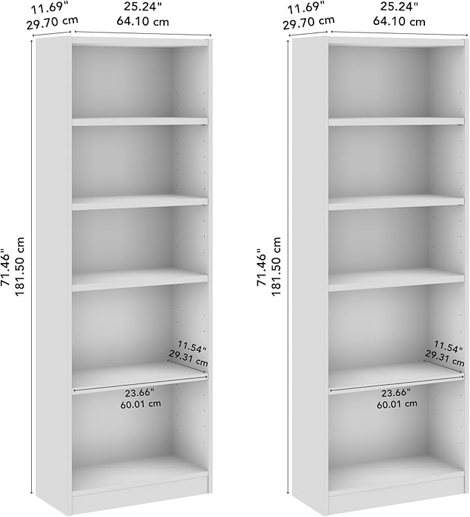Bush Furniture Universal 25W Tall 5 Shelf Bookcase in White - Set of 2, Matching Storage and Display Bookshelves for Home Office or Living Room Organization