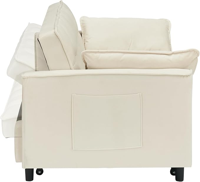 Ball & Cast Convertible Sofa Bed,Loveseat Sleeper Sofa W/Pull-Out Bed&2 Pillows,Convertible Pull Out Couch W/Adjustable Backrest&Side Pocket,Velvet Futon Couches for Living Room,Apartment,Beige,55"