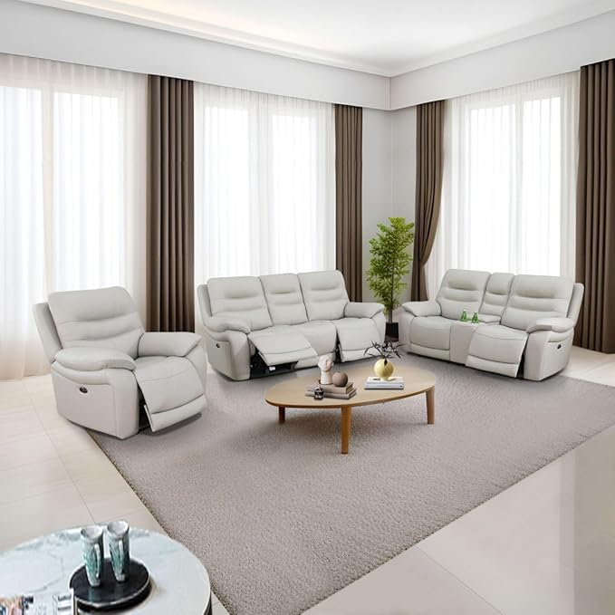 Electric Power Reclining Sofa Set, Genuine Breathing Leather Recliner Couch Set, Comfy Wide Lazy 3 Pieces Top Grain Leather Sofa with Built in USB Port for Living Room (Grey, 3-Piece)