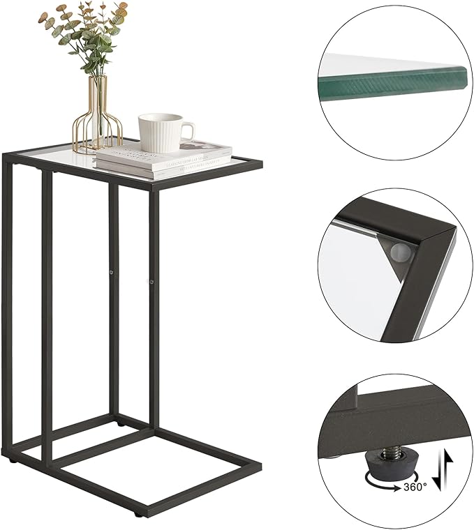 YMYNY C-Shaped End Table, Tempered Glass Sofa Side Table, nightstand for Small Place,Coffee Table for Hallway Office Bedroom Living Room, Metal Frame, Black, 24.8 * 15.75 * 11.8" UHGD001B
