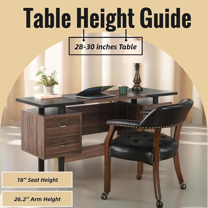 LEEMTORIG Large Dining Chairs with Casters and Arms, Rolling Dining Chairs with Wheels, Accent Game Chairs Boss Caption's Chairs, 26" D x 25.2" W x 31.5" H, Cherry Legs & Black SY-1533-BK