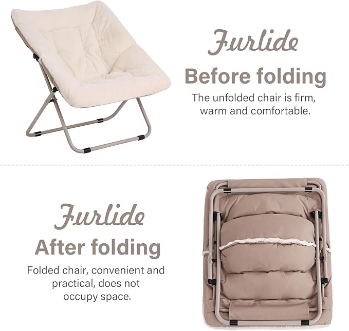 Saucer Chair, Comfy Bedroom Chairs, Oversized Folding Faux Fur Chair, Foldable Metal Frame Chair for Living Room, Balcony, Patio, Study, Playroom (Beige)