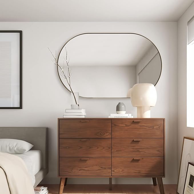 ANDY STAR Brushed Gold Bathroom Mirror, 48 x 30 Inch Oval Vanity Mirror, Brushed Brass Mirror for Wall in Stainless Steel Metal Frame 1’’ Deep Wall Mounted Horizontal/Vertical