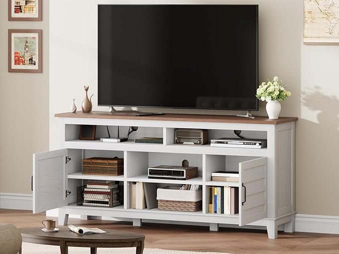 GarveeHome TV Stand for 63 in, Entertainment Center with Adjustable Shelves, Farmhouse TV Stand with Cabinet Doors,for Living Room, Bedroom (White, 63)