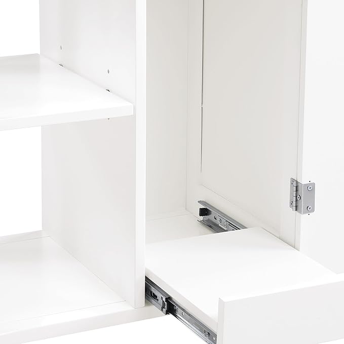 OSP Home Furnishings Derry Modern Farmhouse Kitchen Cart with Natural Butcher Block Top, Rolling Storage Cabinet with Drawer, Shelves, Hooks, White Finish