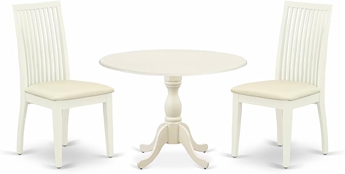 East West Furniture DMIP3-LWH-C 3 Piece Dining Room Furniture Set Contains a Round Kitchen Table with Dropleaf and 2 Linen Fabric Upholstered Dining Chairs, 42x42 Inch, Linen White