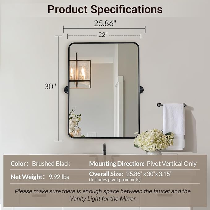 ANDY STAR Pivot Mirror, 22" x 30" Black Tilt Mirror for Bathroom with Rounded Corner Tube Metal Frame Design, Black Vanity Rectangle Bathroom Mirror for Over Sink, Hangs Vertically Farmhouse Style