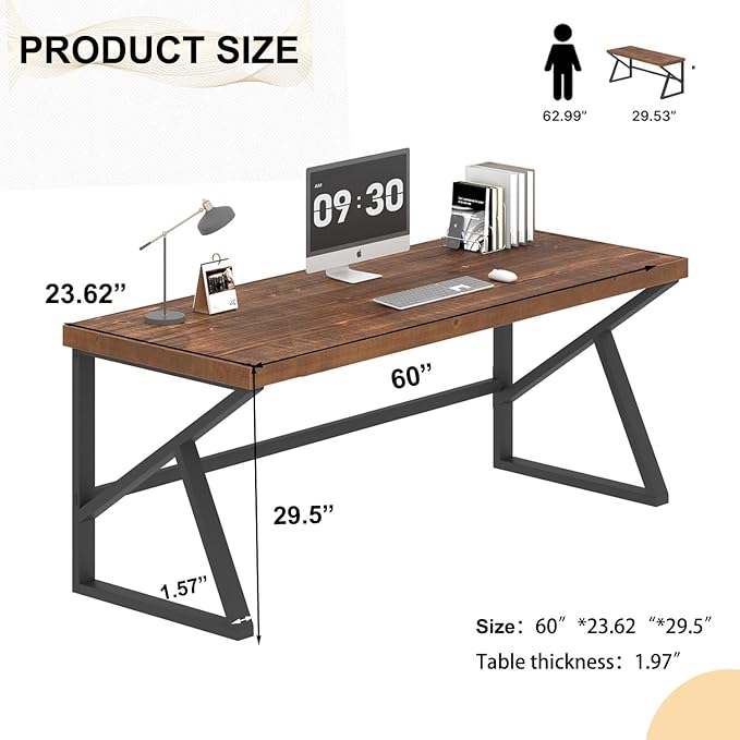IBF Solid Real Wood Large Computer Desk, 60” Rustic Natural Home Office Desk, Long Industrial Writing Desk for Living Room, Metal Wooden Executive Computer Table, Brown, 60 Inch