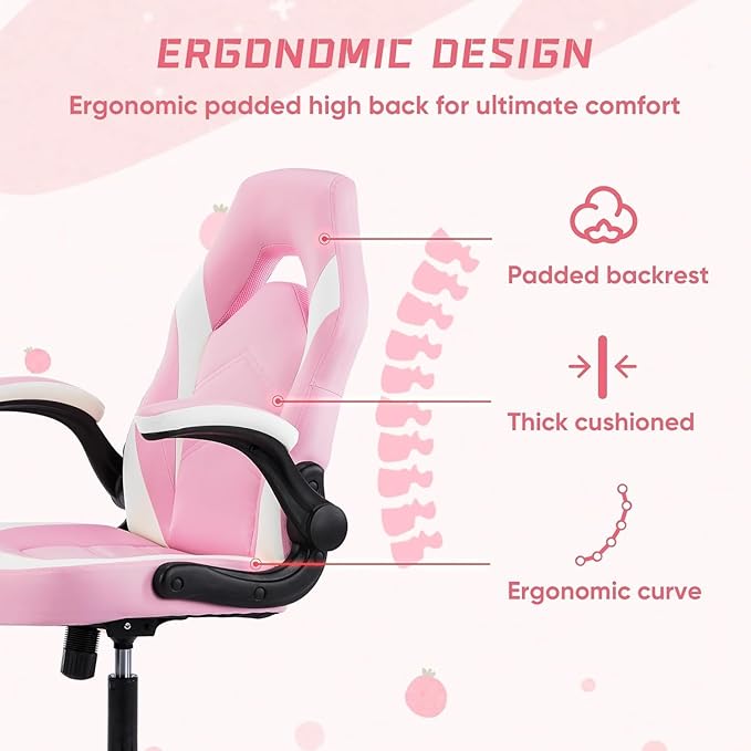 OLIXIS Computer Gaming Desk Chair - Big and Tall Ergonomic Lumbar Support with Flip-up Armrest and 360° Swivel Wheels, PU Leather Height Adjustable, for Home and Office, Pink