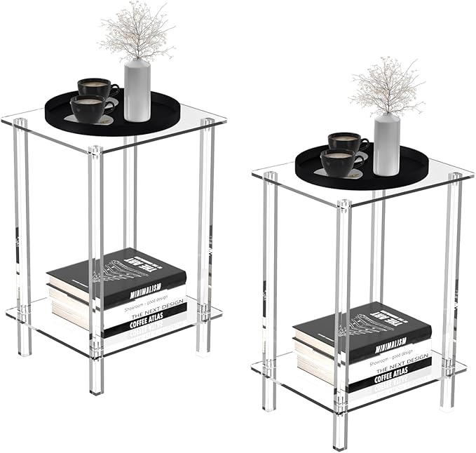 Eglaf Acrylic Side Table Set of 2-13.4'' L x 11.5'' W x 19.6'' H Small End Table Clear Nightstand Bedside Table for Living Room, Bedroom, 2-Tier, Square Leg