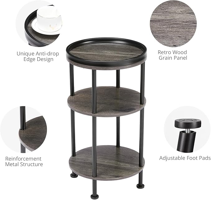 Small Round Side Table for Small Spaces, 3-Tier Round Accent Table Slim Side Table, Modern Sofa Corner Table for Living Room Nightstand Bedroom (Grey)