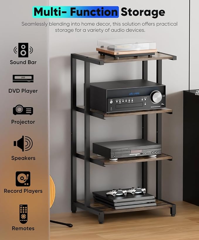 4-Tier Wooden Media Stand, AV Media Stand Corner Shelf for TV Accessories/Audiovisual Equipment/Optical Disc/PS4, Audio Storage Rack for Living Room, Gaming Room, Music Studio, Black