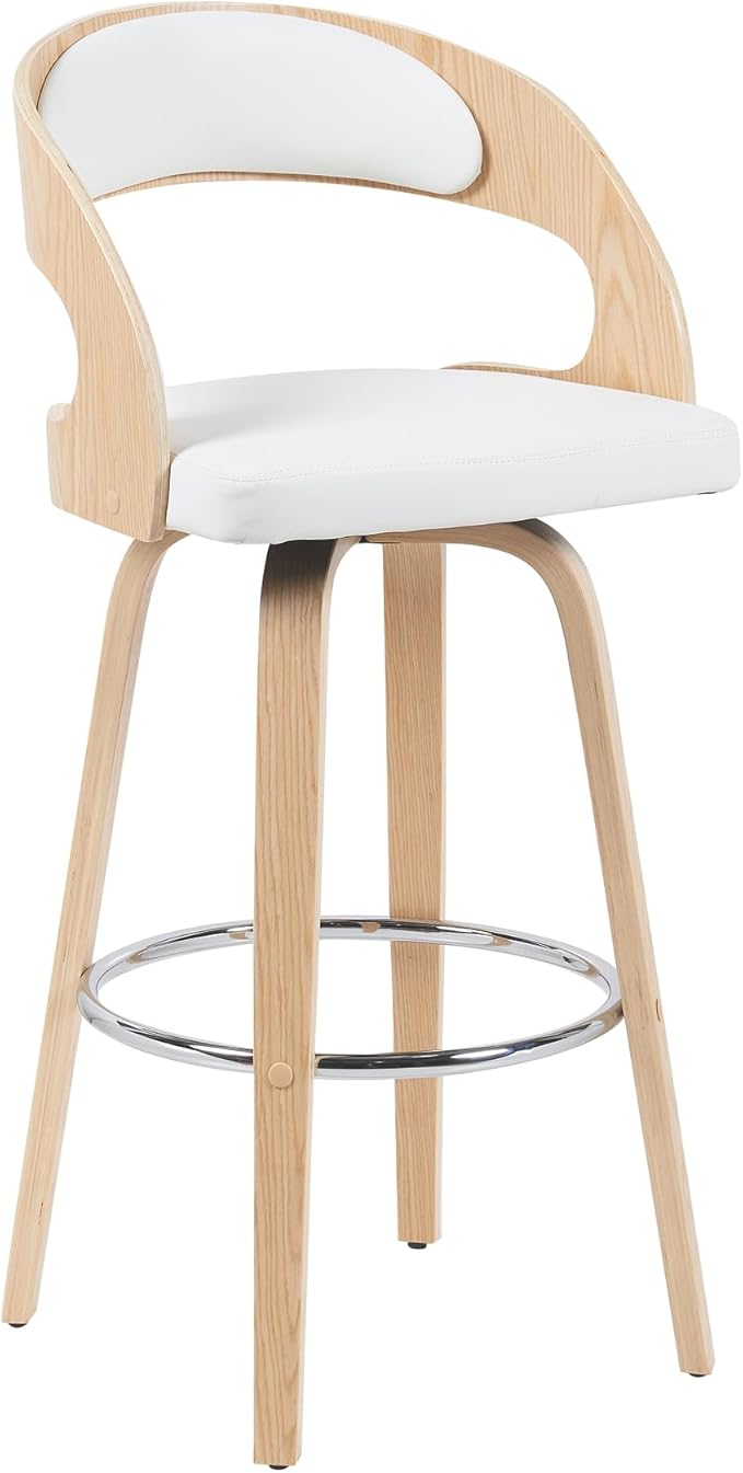 Shelly Modern Bar Height Swivel Stool in Patterned Oak Finish with White Faux Leather Upholstered Seat Set of 3
