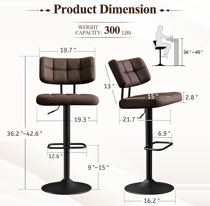 Furniliving Upholstered Bar Stools Set of 4, Faux Leather Swivel Bar Stools with Back, Adjustable Counter Height Barstools for Kitchen Island, Dining Space, Brown