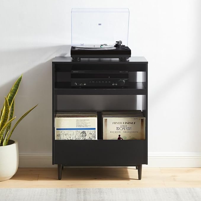 Crosley Furniture Liam Turntable Record Player Stand with Storage for Vinyl Records, Mid Century Modern, Black