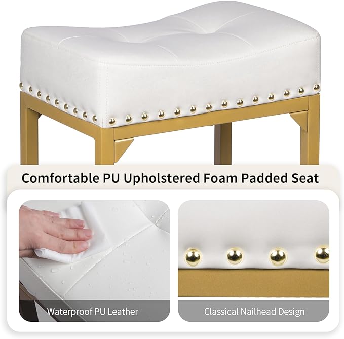 White & Gold Counter Height Bar Stools Set of 3, 24" Bar Stools for Kitchen Island, Modern Counter Stool Set of 3 Backless Saddle Barstools for Kitchen Dining Room White Gold