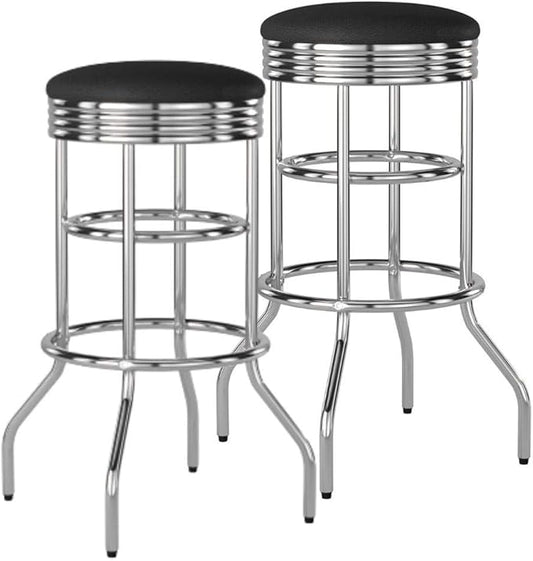 TRINITY Heavy Duty 30-Inch Backless Swivel Bar Stool for Kitchen, Garage, or Workshop, Chrome Finish with Faux Leather Seat, 2 Pack Pre-Assembled, Black