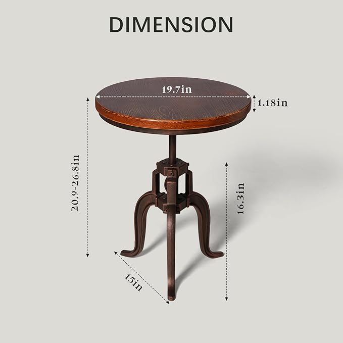 Industrial Iron Adjustable Crank Accent Table,Walnut Wood Top/Copper Home Decor Crank End Table