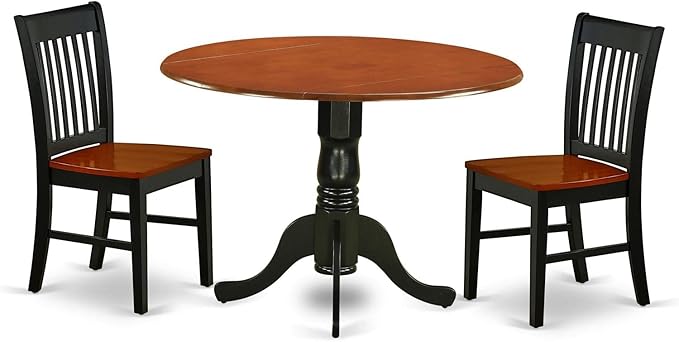 East West Furniture DLNO3-BCH-W 3 Piece Dining Room Table Set Contains a Round Dining Table with Dropleaf and 2 Wood Seat Chairs, 42x42 Inch, Black & Cherry
