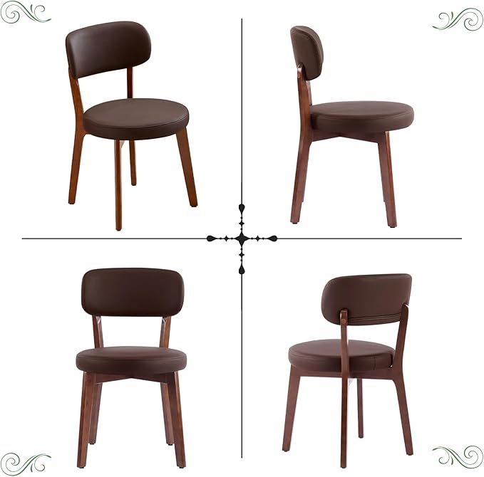 Furniliving Wooden Dining Chairs Set of 2, Mid-Century Modern Leather Upholstered Kitchen Chair with Solid Oak Wood, Farmhouse Dining Room Chairs, Brown