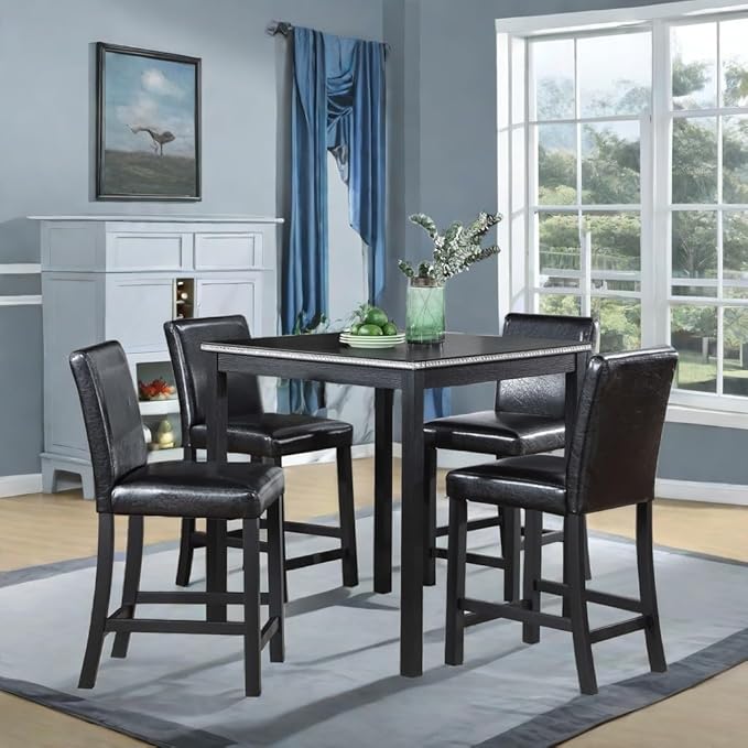 Counter Height Square Dining Table Set with 4 Upholstered Chairs - Easy to Assemble, Black