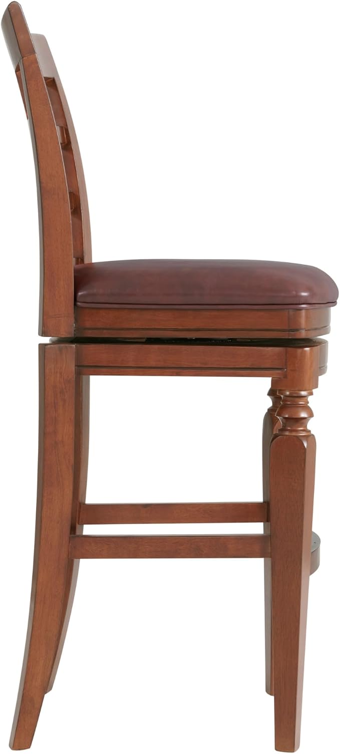 Alaterre Furniture Napa Bar Height Swivel Stool with Back – Faux Leather Upholstered Seat Barstool with Memory Return, Turned Wood Legs, Lattice Back Design, and Metal Kick Plate for Kitchen Islands