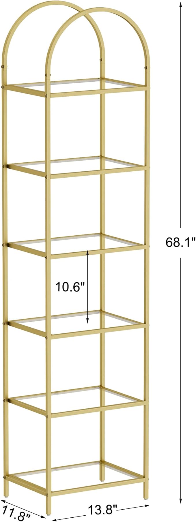 Homhedy Bookshelf Arched Display Racks,Metal Bookcase,Tempered Glass Shelves,Storage Rack Shelf for Home Office,Living Room,Bedroom, Bathroom,Modern Style (Golden, 11.8" D x 13.8" W x 68.1" H)