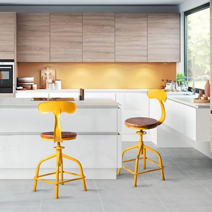 Topower Farmhouse Kitchen Stool, Industrial Counter Stool, Kitchen Deco Round Seat Standard Height Adjustable Swivel Bar Stools with Backrest Indoor House Design Iron Backrest Antique Yellow Set of 2