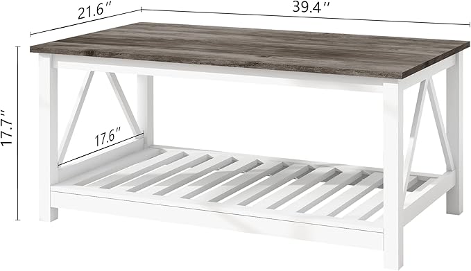 Farmhouse Coffee Table, White Oak Coffee Table for Living Room, 2-Tier Rectangular Wooden Centre Cocktail Table with Slats Shelf Storage and V-Shaped Frame Modern Coffee Oak Grey