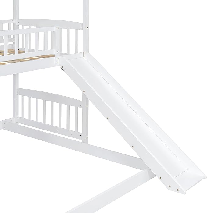 Ball & Cast Twin Over Twin Size House Bunk Bed with Slide and Storage Steps,Wood Bunkbed w/Full-Length Guard Rail & Ladder,Slat Support,Space Saving,Bedroom Furniture for Student Dorms,White
