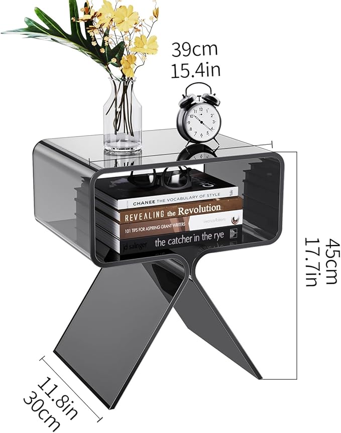 Acrylic Nightstand Side Table Modern Design Clear Home Decor Display End Table for Living Room (Black)