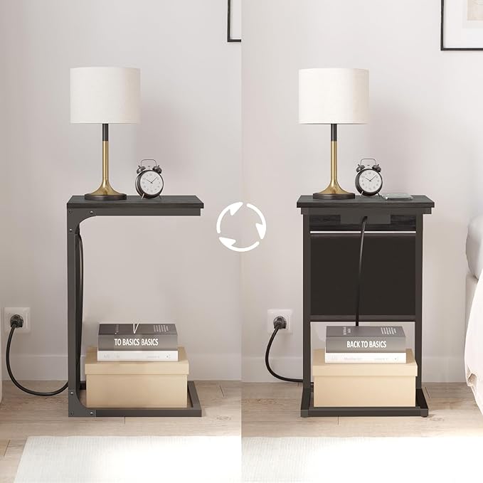 TUTOTAK C Shaped End Table with Charging Station, Side Table for Sofa, Couch Table with Storage Bag, TV Tray Table with 2 USB Ports and Outlets for Living Room, Bedroom, TB01BY024
