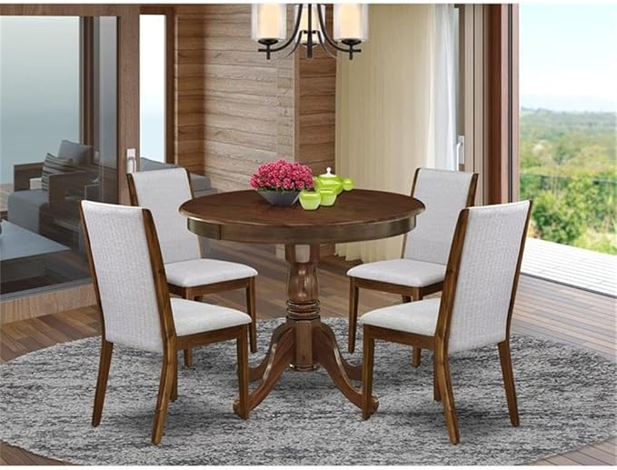 East West Furniture ANLA5-AWA-05 5 Piece Dining Table Set for Small Spaces Contains a Round Kitchen Table with Pedestal and 4 Parson Chairs, 36x36 Inch, Antique Walnut