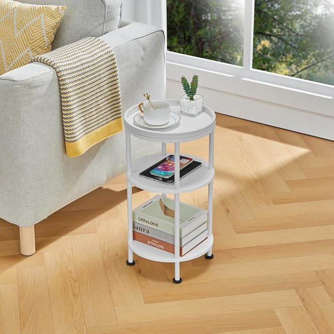 Small Round End Table with Charging Station, 3-Tier Accent Couch Beside Table with USB Ports & Power Outlets, Sofa Side Table for Living Room Small Nightstand Bedroom (Classic, White)