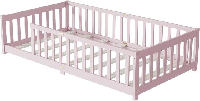 Bellemave Twin Floor Bed with Slats and Safety Guardrails, Kids Montessori Floor Beds with Fence and Without Door, Easy Assemble Floor Bed for Kids, Girls, Boys, Pink
