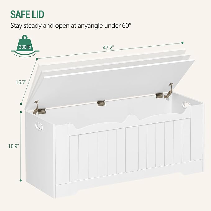 47.2" Storage Chest, Extra Large Storage Bench Trunk with 2 Safety Hinges, Wooden Box, Lift-Top Chest Organizer, Shoe Bench for Entryway, Bedroom, Living Room, White SB28603X