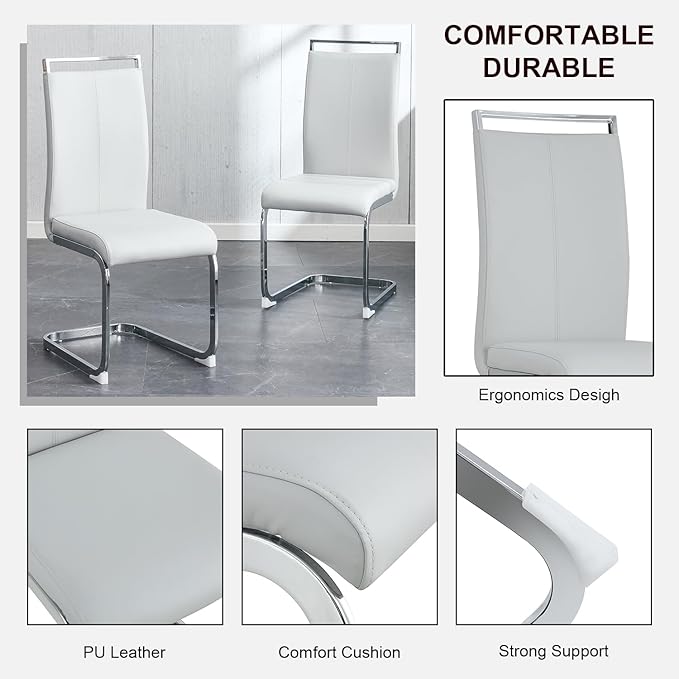Dining Chairs Set, Kitchen Modern Metal Chairs with Faux Leather Padded Seat High Back and Sturdy Chrome Legs, Chairs for Dining Room (Light Gray, Set of 2)