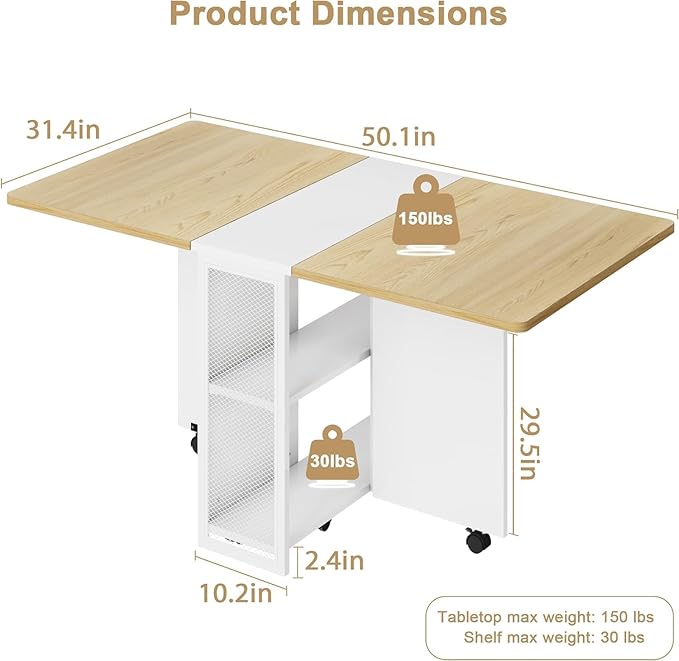 IDEALHOUSE Folding Dining Table, Drop Leaf Dining Table with 6 Wheels and 2-Layer Storage Shelf, Space Saving Dining Table for Small Spaces (Natural Wood, 50.1" D x 31.4" W x 29.5" H)