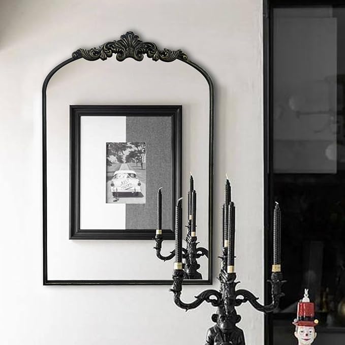 WAMIRRO Arched Mirror,Black Traditional Vintage Ornate Baroque Mirrors,Antique Brass Mirrors for Entryway/Fireplace/Living Room/Hallway/Bathroom.24“X36“ Black