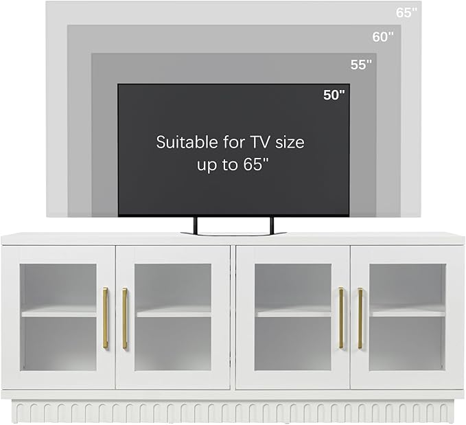 TV Stand for TVs up to 65 Inch, Entertainment Center with Storage Cabinets, Contemporary Modern TV Cabinet Media Console Table with Glass Doors for Living Room Bedroom, Montauk White