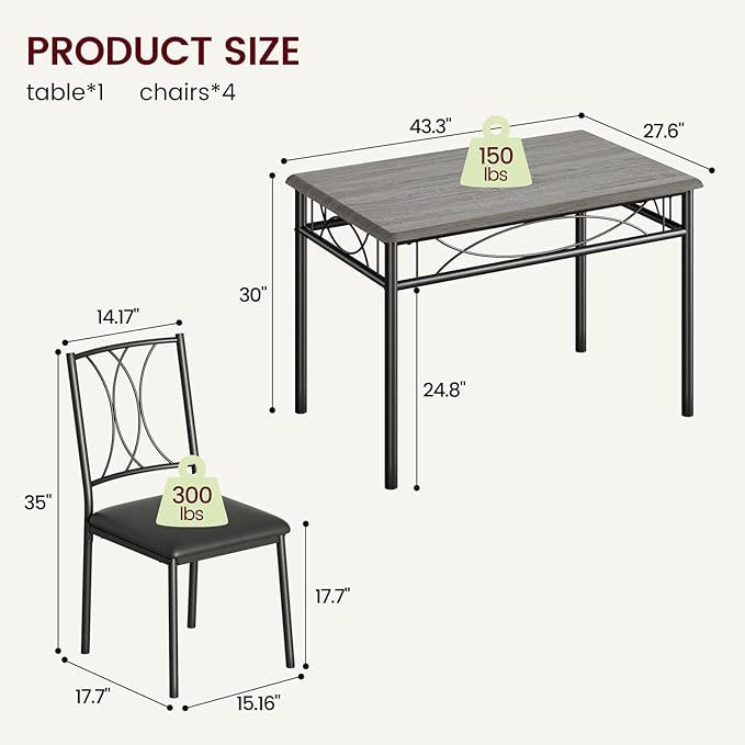 GAOMON Dining Table Set for 4, Rectangle Kitchen Table with 4 Upholstered Chairs Set for 4, 5-Piece Compact Apartment Kitchen & Dining Room Set Furniture for Small Spaces, Space-Saving, Rustic Gray