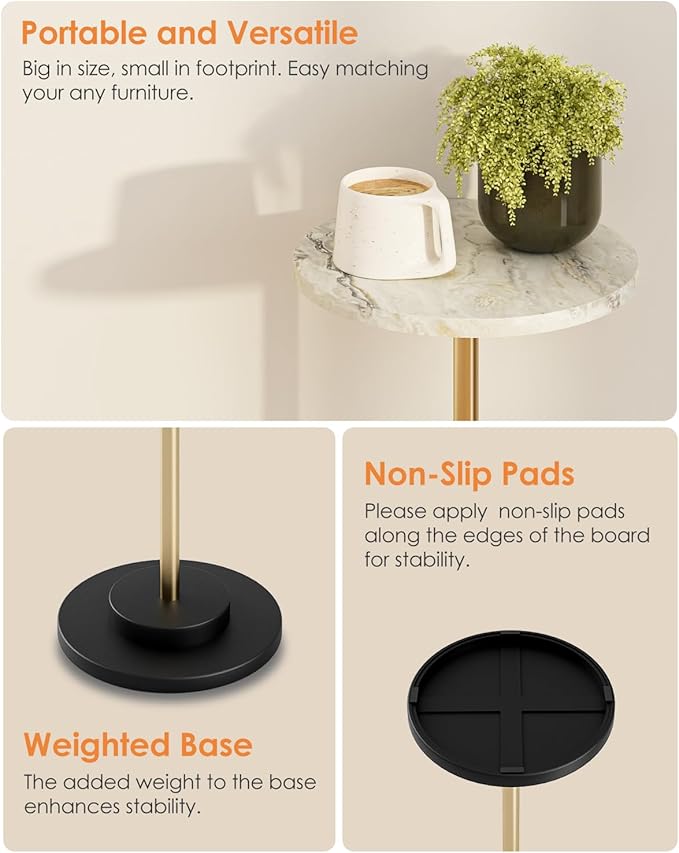 Round Side Table, Small Drink Table for Small Spaces, Modern Accent End Table Coffee Table with Metal Leg for Living Room, Bedroom, Corners, and Office (Marble)