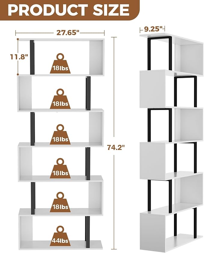 Gadroad 6 Tier Geometric Bookcase,S Shaped Bookshelf, Wood Decorative Storage Shelving, Modern Freestanding Display Shelves, Tall Book Shelf Unit for Living Room Bedroom, White